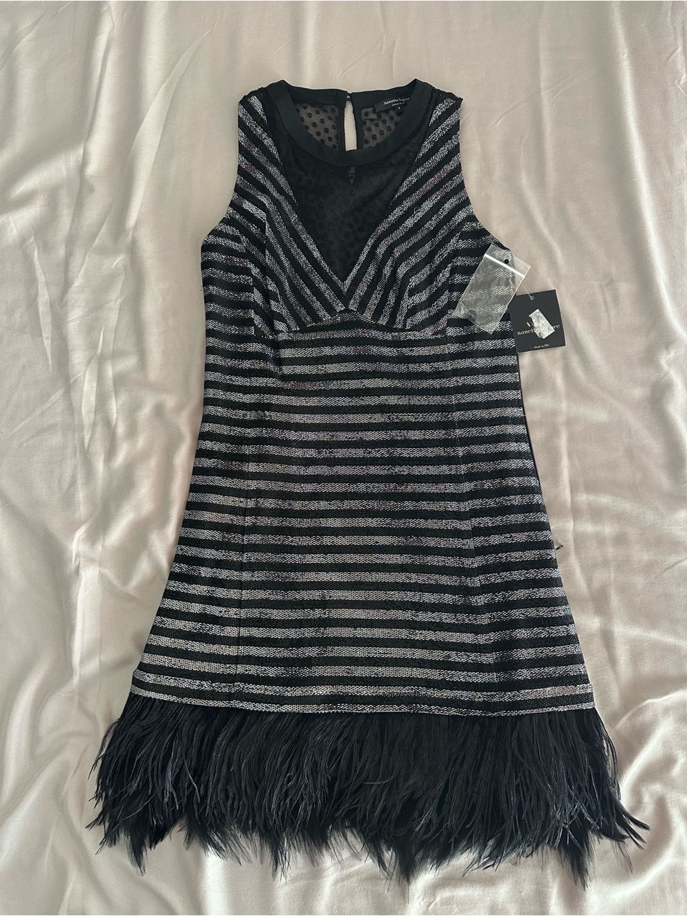 Nanette Lepore metallic sequin striped mini dress with ostrich feather hem